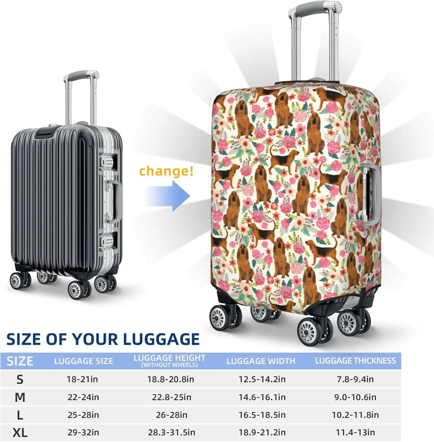 Cute Bloodhound Dog Puppy Lovers Flowers Florals Print Travel Suitcase Protector Cover Elastic Washable Stretch Suitcase Protective Anti-Scratch Luggage Covers For Men Women Outdoor Travel Accessories
