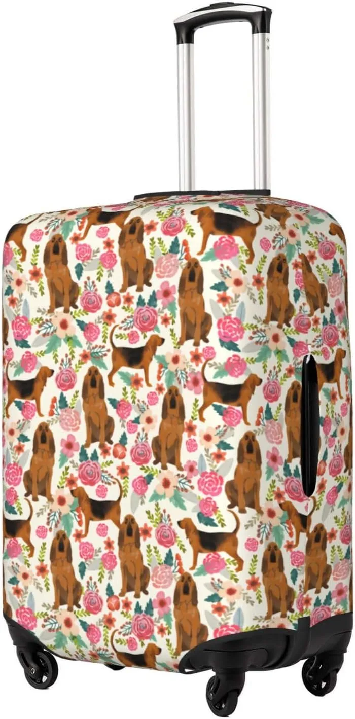 Cute Bloodhound Dog Puppy Lovers Flowers Florals Print Travel Suitcase Protector Cover Elastic Washable Stretch Suitcase Protective Anti-Scratch Luggage Covers For Men Women Outdoor Travel Accessories