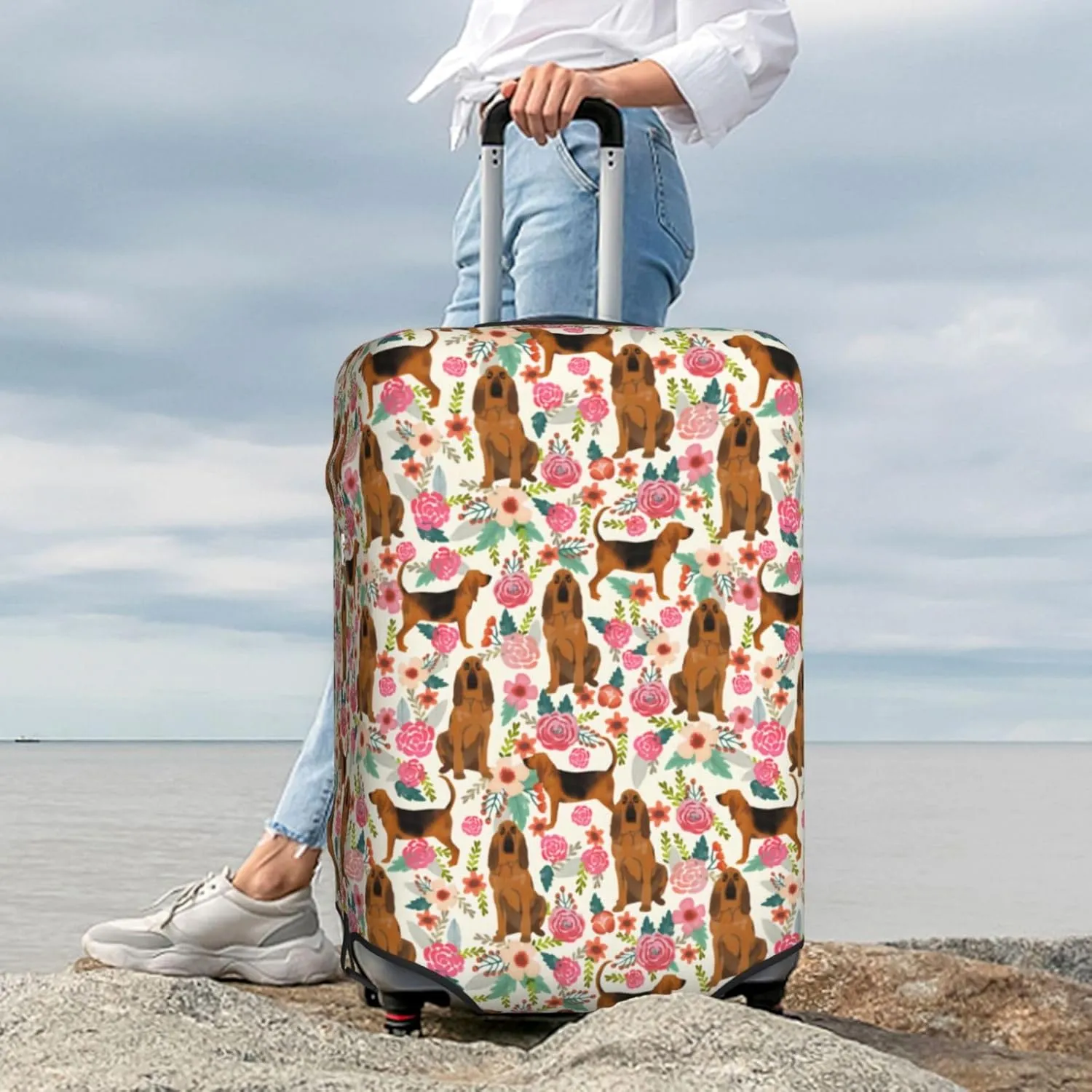 Cute Bloodhound Dog Puppy Lovers Flowers Florals Print Travel Suitcase Protector Cover Elastic Washable Stretch Suitcase Protective Anti-Scratch Luggage Covers For Men Women Outdoor Travel Accessories