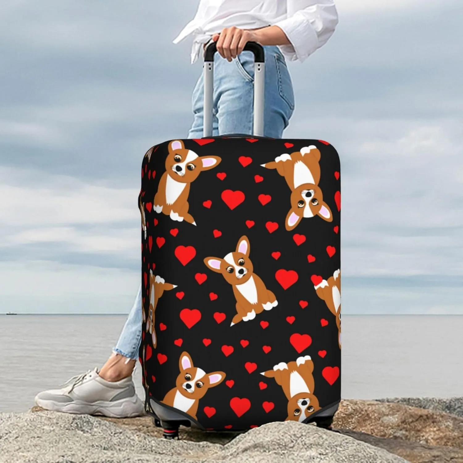 Cute Cartoon Corgi Dog Heart Elastic Suitcase Cover Scratch Resistant Luggage Case Travel Luggage Protector for Men Women S 18-21 inch