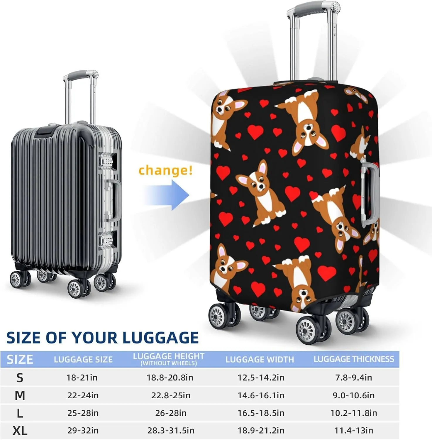Cute Cartoon Corgi Dog Heart Elastic Suitcase Cover Scratch Resistant Luggage Case Travel Luggage Protector for Men Women S 18-21 inch