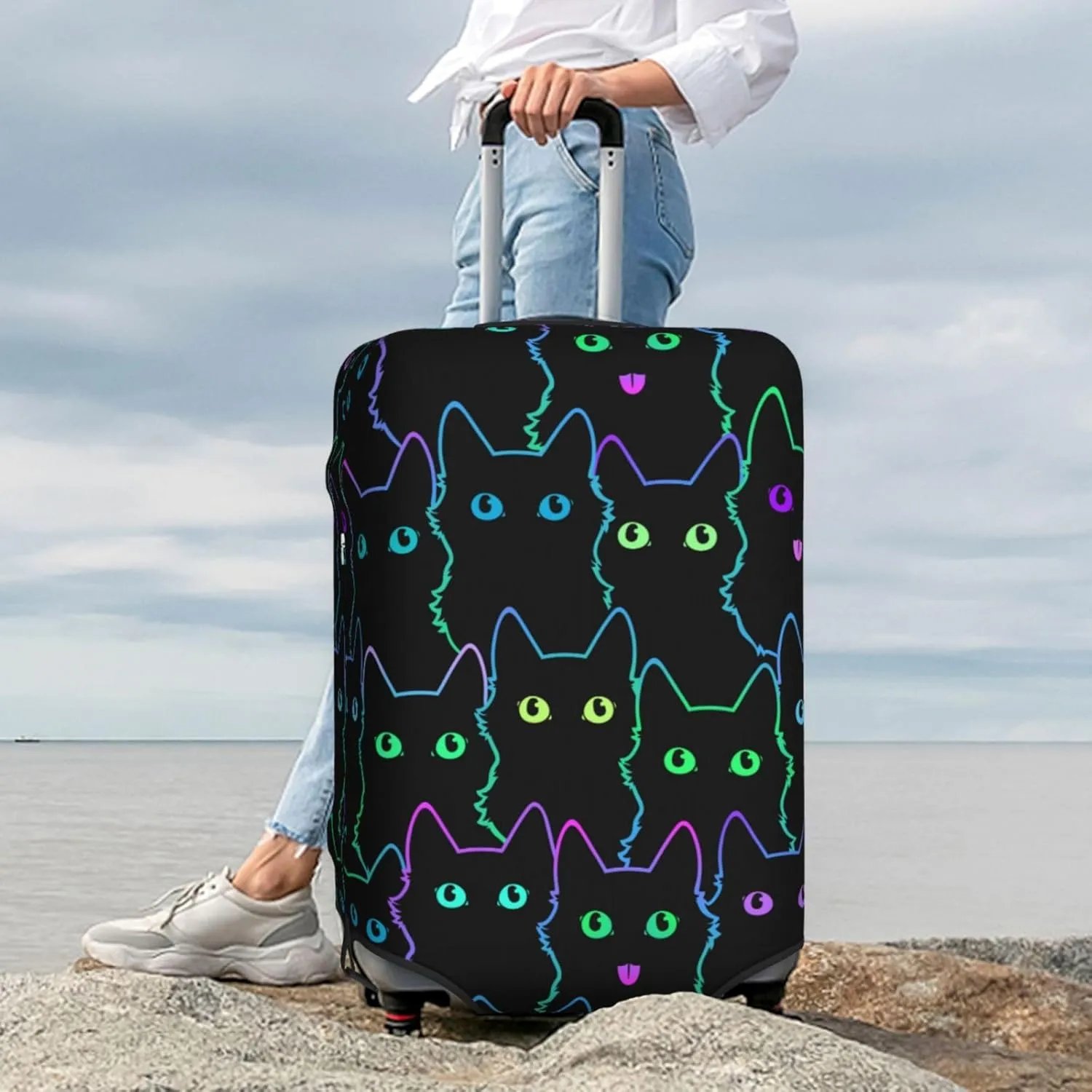Cute Cats Silhouettes Luggage Suitcase Covers Elastic Washable Black Luggage Protector Travel Suitcase Protective Cover For Kid And Adult, M (Fit 22-24 Inch Luggage)