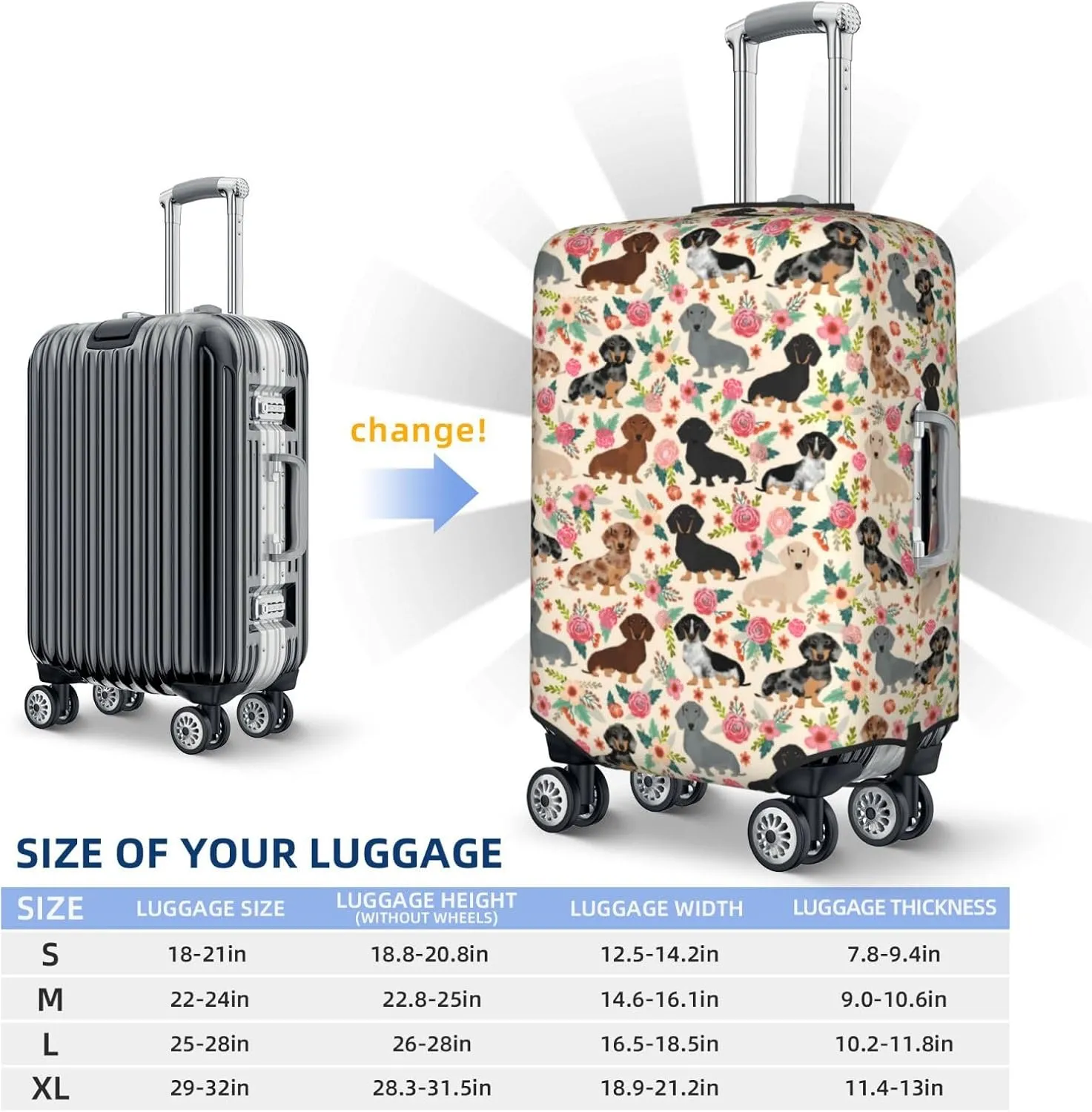 Cute Dachshund Dog Puppy Lovers Flowers Florals Print Travel Suitcase Protector Cover Elastic Washable Stretch Suitcase Protective Anti-Scratch Luggage Covers For Men Women Outdoor Travel Accessories