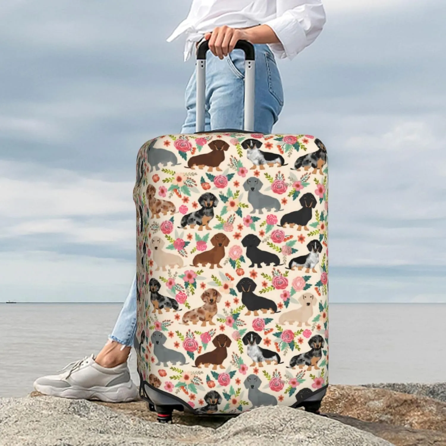 Cute Dachshund Dog Puppy Lovers Flowers Florals Print Travel Suitcase Protector Cover Elastic Washable Stretch Suitcase Protective Anti-Scratch Luggage Covers For Men Women Outdoor Travel Accessories