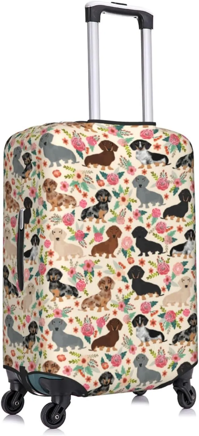 Cute Dachshund Dog Puppy Lovers Flowers Florals Print Travel Suitcase Protector Cover Elastic Washable Stretch Suitcase Protective Anti-Scratch Luggage Covers For Men Women Outdoor Travel Accessories