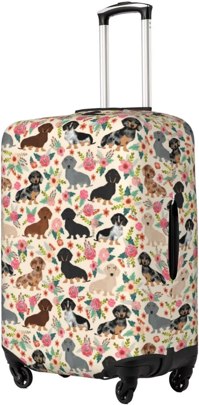 Cute Dachshund Dog Puppy Lovers Flowers Florals Print Travel Suitcase Protector Cover Elastic Washable Stretch Suitcase Protective Anti-Scratch Luggage Covers For Men Women Outdoor Travel Accessories