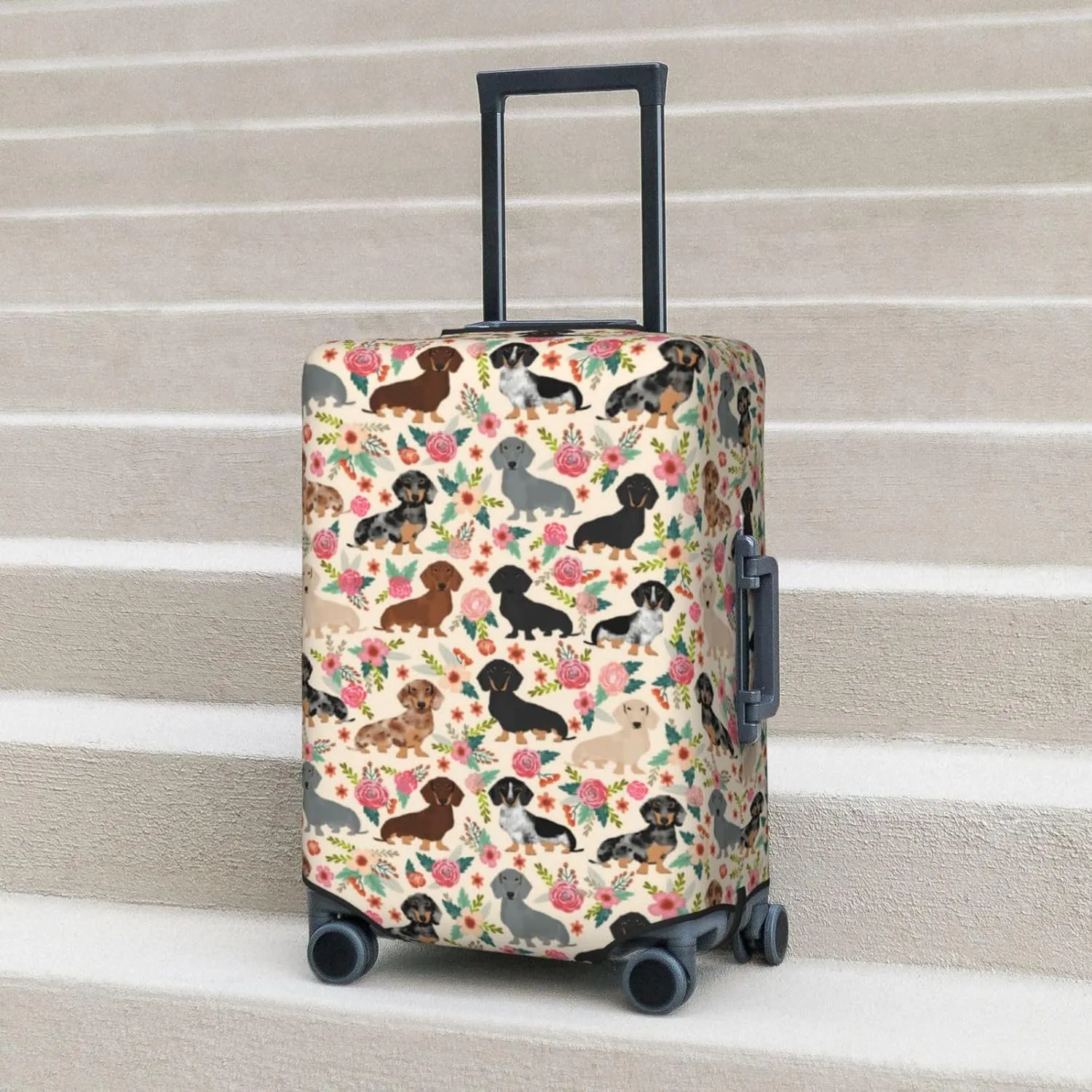 Cute Dachshund Dog Puppy Lovers Flowers Florals Print Travel Suitcase Protector Cover Elastic Washable Stretch Suitcase Protective Anti-Scratch Luggage Covers For Men Women Outdoor Travel Accessories