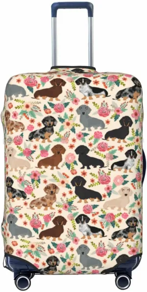 Cute Dachshund Dog Puppy Lovers Flowers Florals Print Travel Suitcase Protector Cover Elastic Washable Stretch Suitcase Protective Anti-Scratch Luggage Covers For Men Women Outdoor Travel Accessories
