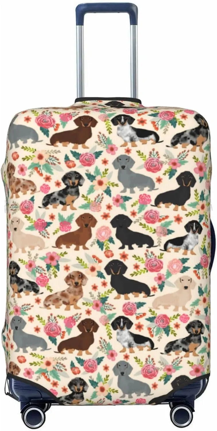 Cute Dachshund Dog Puppy Lovers Flowers Florals Print Travel Suitcase Protector Cover Elastic Washable Stretch Suitcase Protective Anti-Scratch Luggage Covers For Men Women Outdoor Travel Accessories