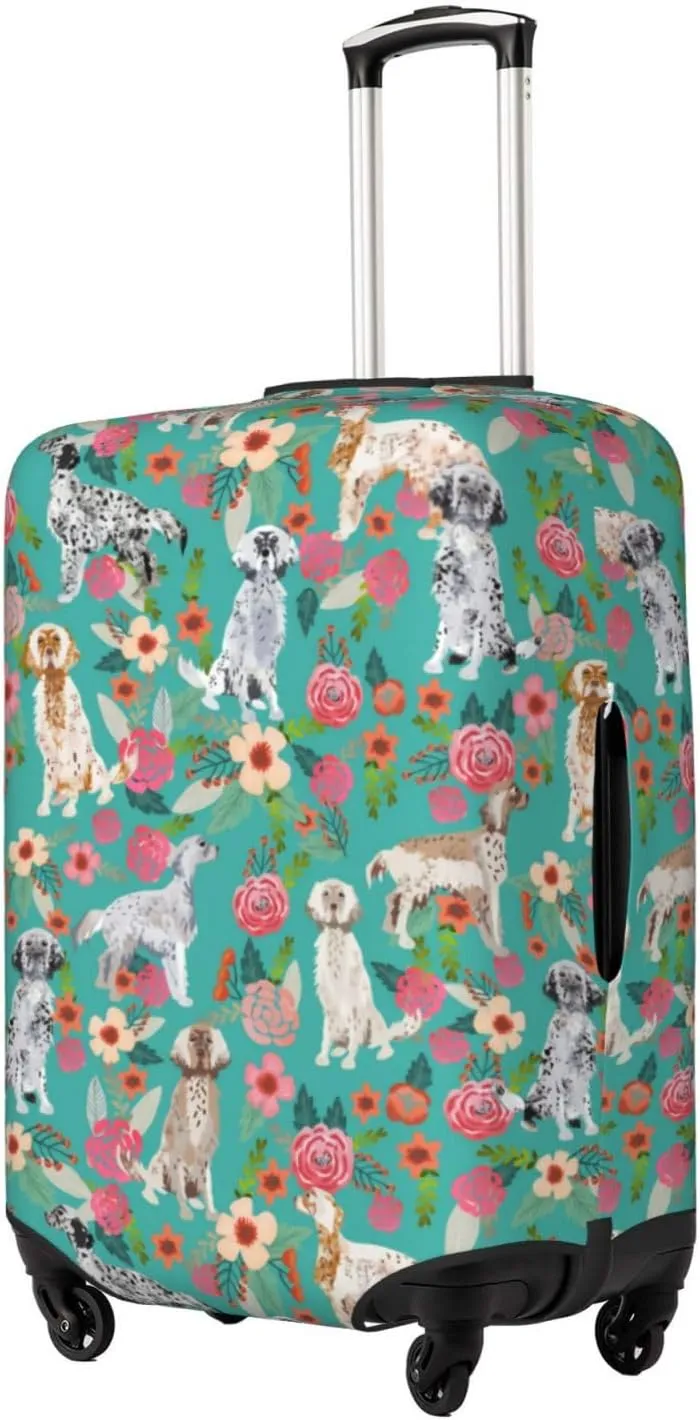 Cute English Setter Dog Flowers Florals Print Travel Suitcase Protector Cover Elastic Washable Stretch Suitcase Protective Anti-Scratch Funny Luggage Covers For Men Women Outdoor Travel Accessories