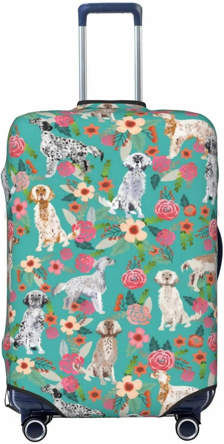 Cute English Setter Dog Flowers Florals Print Travel Suitcase Protector Cover Elastic Washable Stretch Suitcase Protective Anti-Scratch Funny Luggage Covers For Men Women Outdoor Travel Accessories