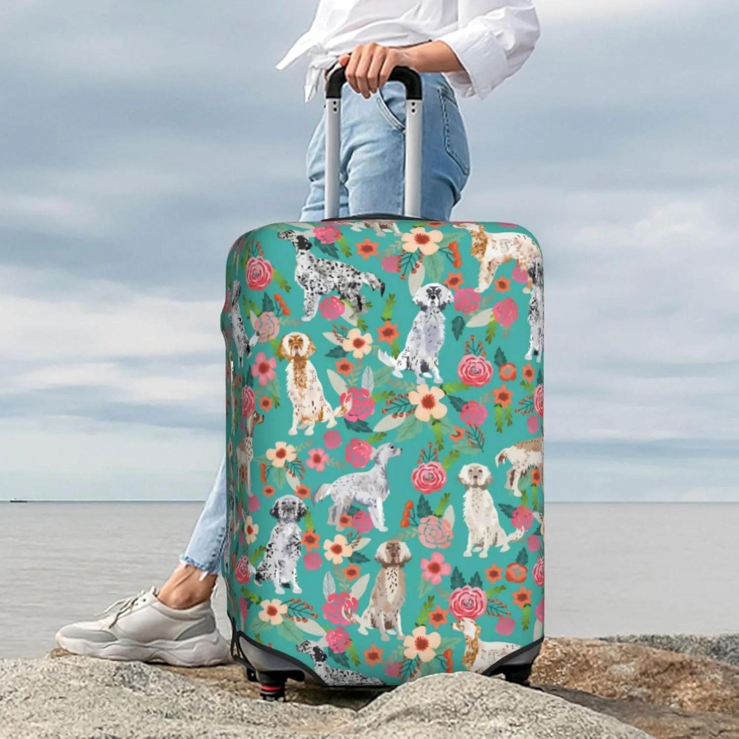 Cute English Setter Dog Flowers Florals Print Travel Suitcase Protector Cover Elastic Washable Stretch Suitcase Protective Anti-Scratch Funny Luggage Covers For Men Women Outdoor Travel Accessories