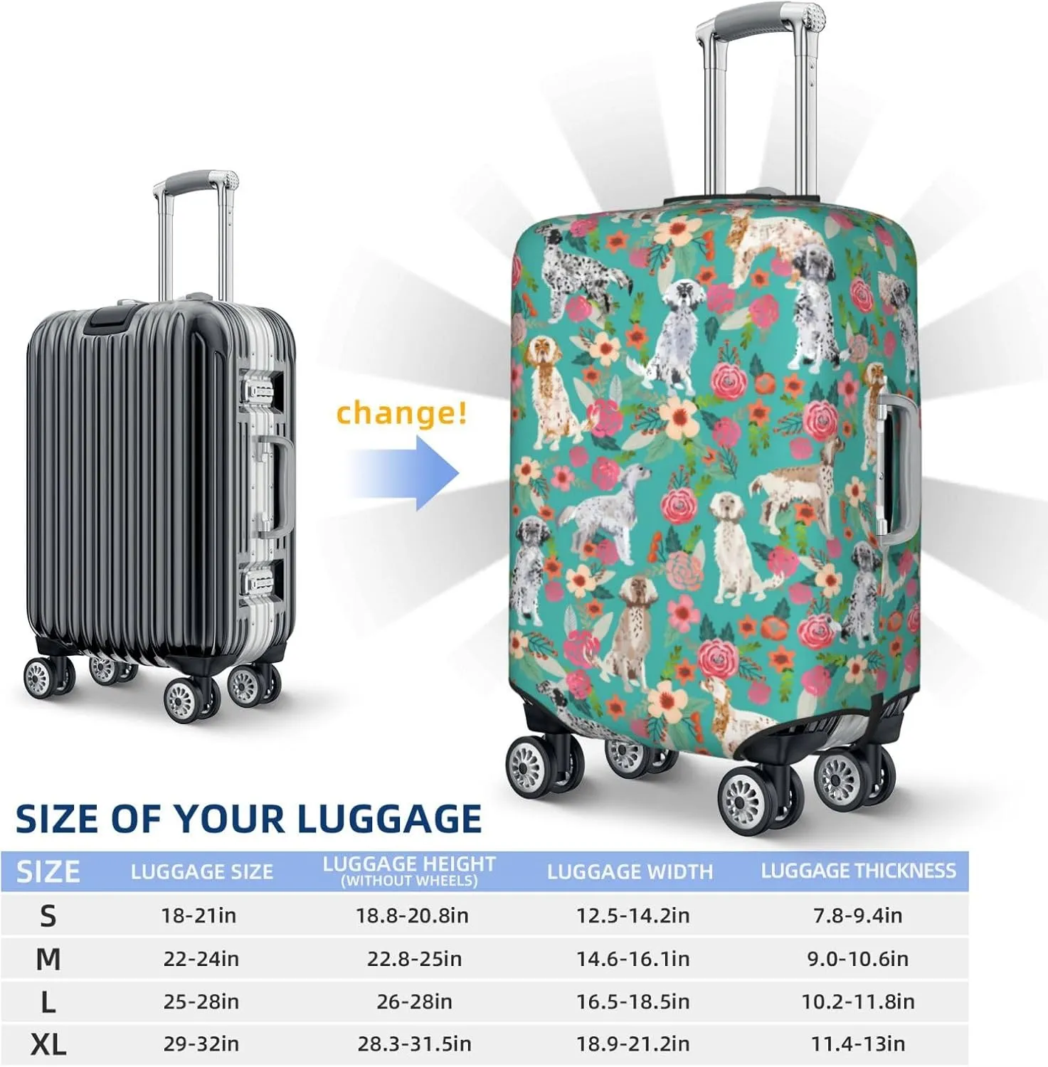 Cute English Setter Dog Flowers Florals Print Travel Suitcase Protector Cover Elastic Washable Stretch Suitcase Protective Anti-Scratch Funny Luggage Covers For Men Women Outdoor Travel Accessories