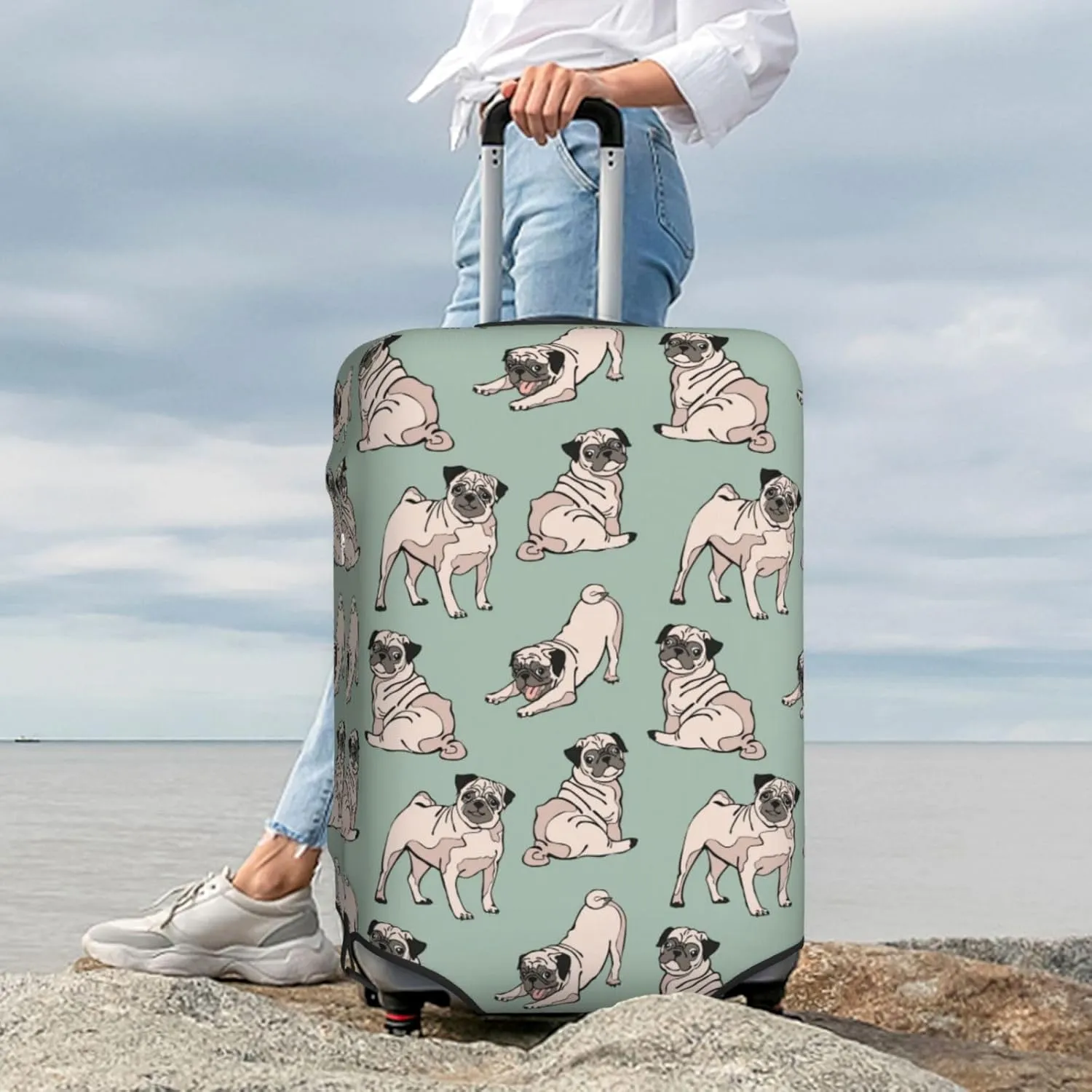 Cute Pug Dogs Luggage Suitcase Covers Elastic Washable Luggage Protector Travel Suitcase Protective Cover For Kid And Adult, M (Fit 22-24 Inch Luggage)