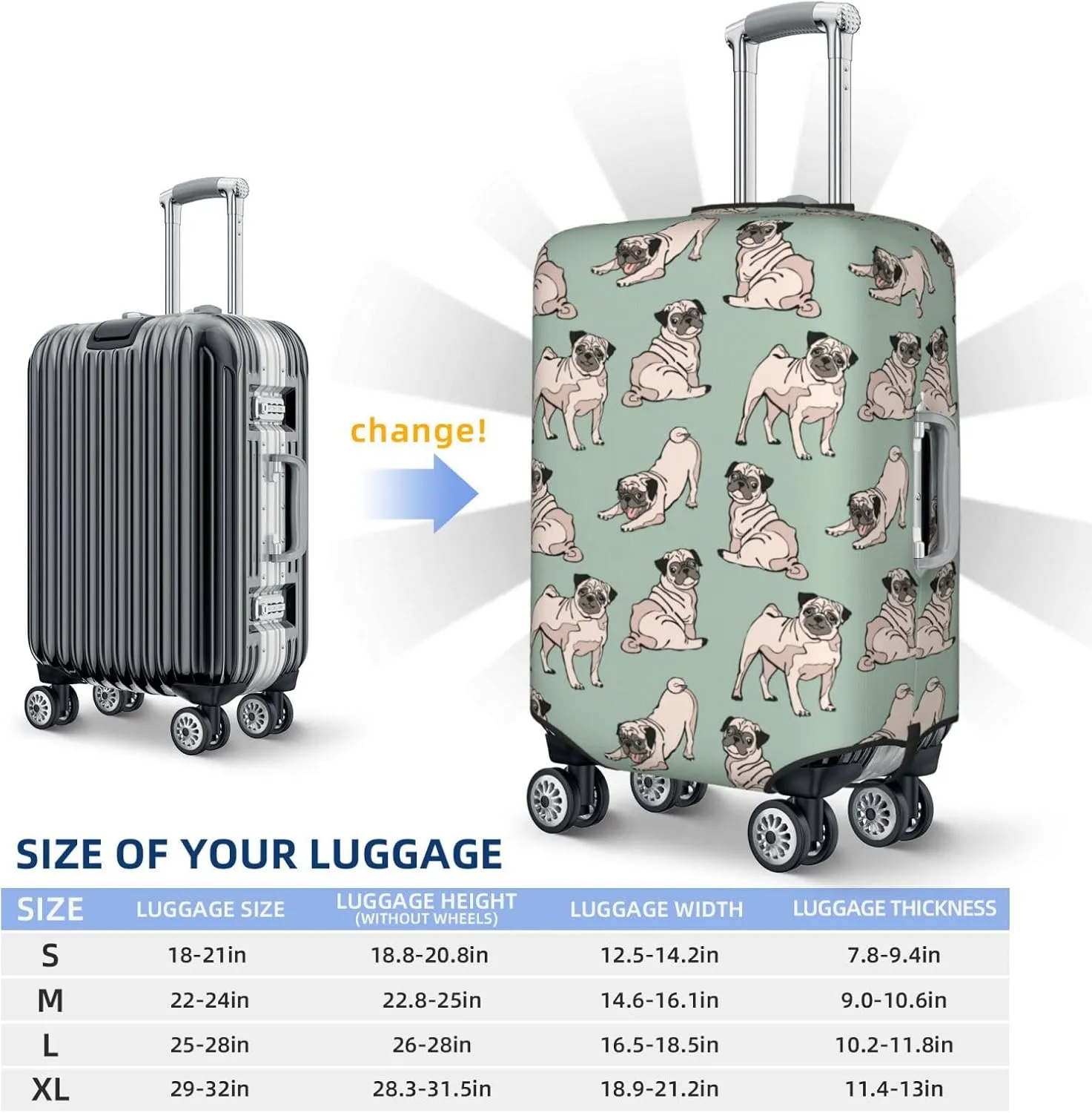 Cute Pug Dogs Luggage Suitcase Covers Elastic Washable Luggage Protector Travel Suitcase Protective Cover For Kid And Adult, M (Fit 22-24 Inch Luggage)
