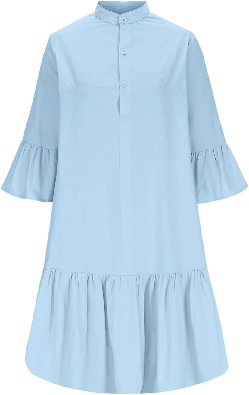 Cute Ruffle Hem Mini Dresses Women Summer Cotton Linen 3/4 Sleeve Shirt Dress Casual Button Stand Collar Beach Dress