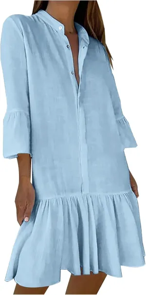 Cute Ruffle Hem Mini Dresses Women Summer Cotton Linen 3/4 Sleeve Shirt Dress Casual Button Stand Collar Beach Dress