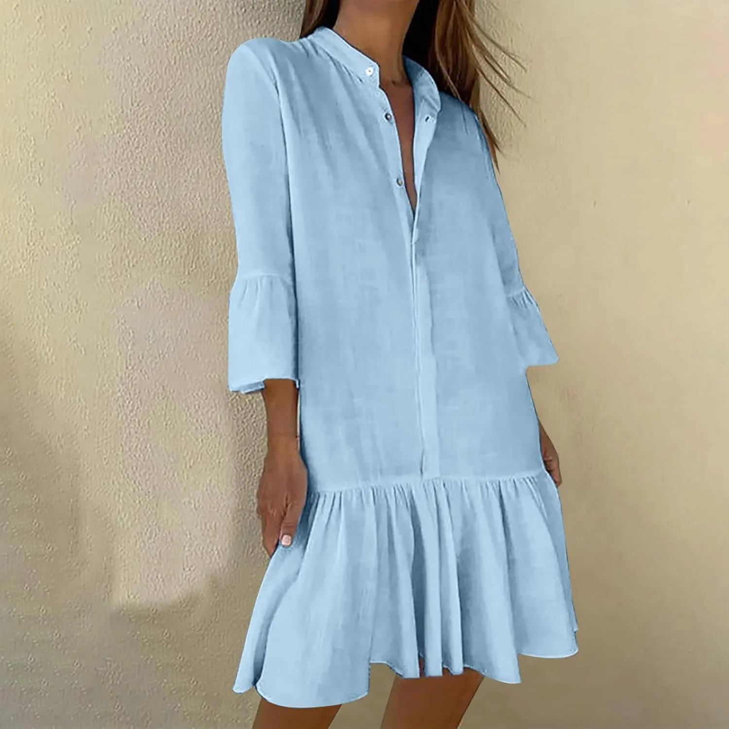 Cute Ruffle Hem Mini Dresses Women Summer Cotton Linen 3/4 Sleeve Shirt Dress Casual Button Stand Collar Beach Dress