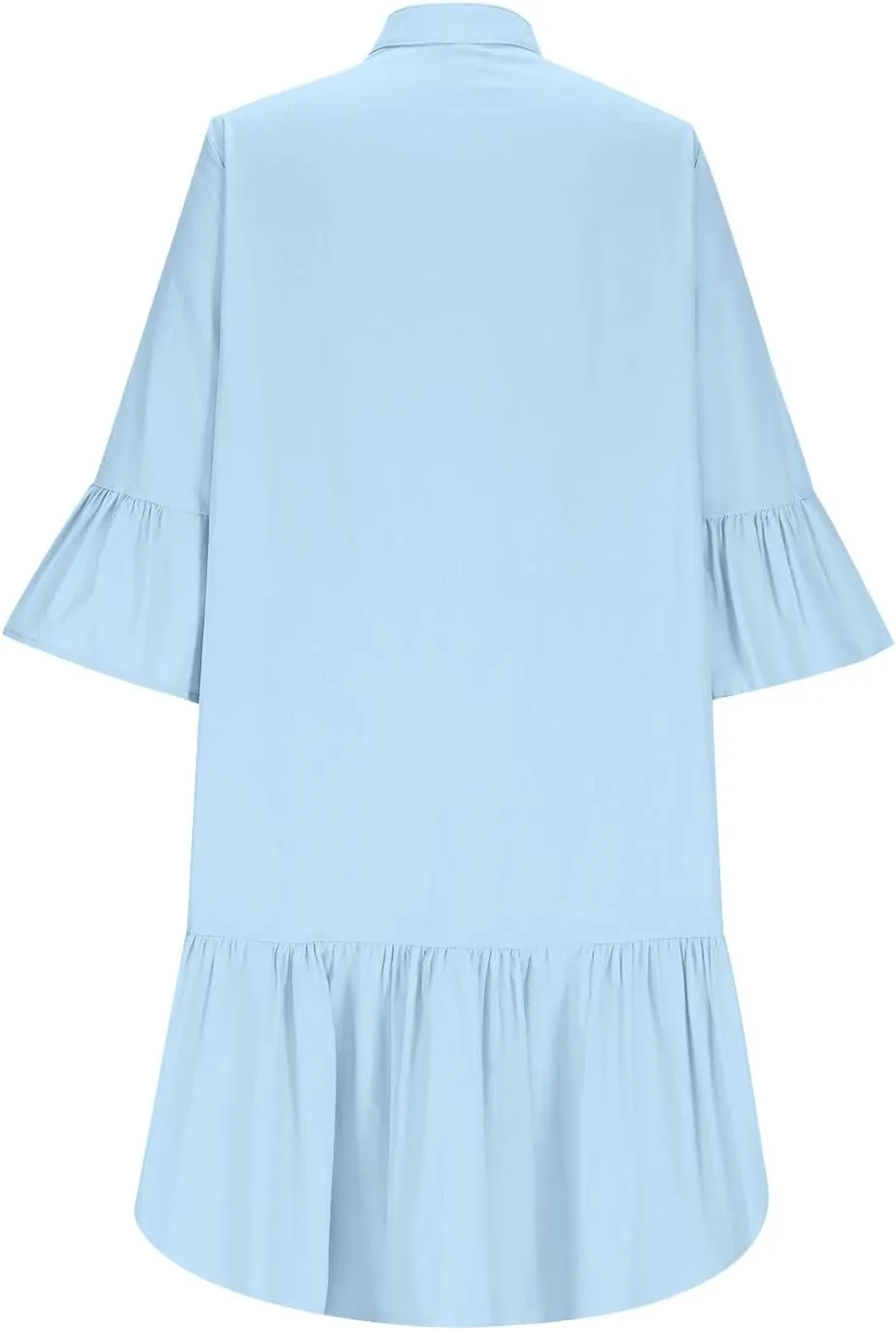 Cute Ruffle Hem Mini Dresses Women Summer Cotton Linen 3/4 Sleeve Shirt Dress Casual Button Stand Collar Beach Dress