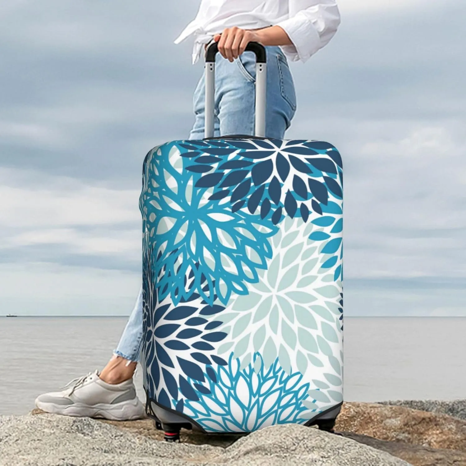Daisy Flower Luggage Suitcase Covers Elastic Washable Blue Chrysanthemum Floral Luggage Protector Travel Suitcase Protective Cover For Kid And Adult, S (Fit 18-21 Inch Luggage)