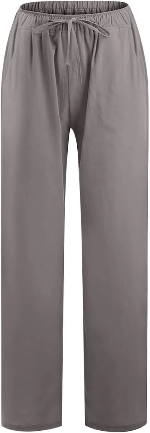DASAYO Linen Pants Women Summer Wide Leg Pants Drawstring Elastic Waist Loose Palazzo Casual Boho Beach Trousers with Pcokets