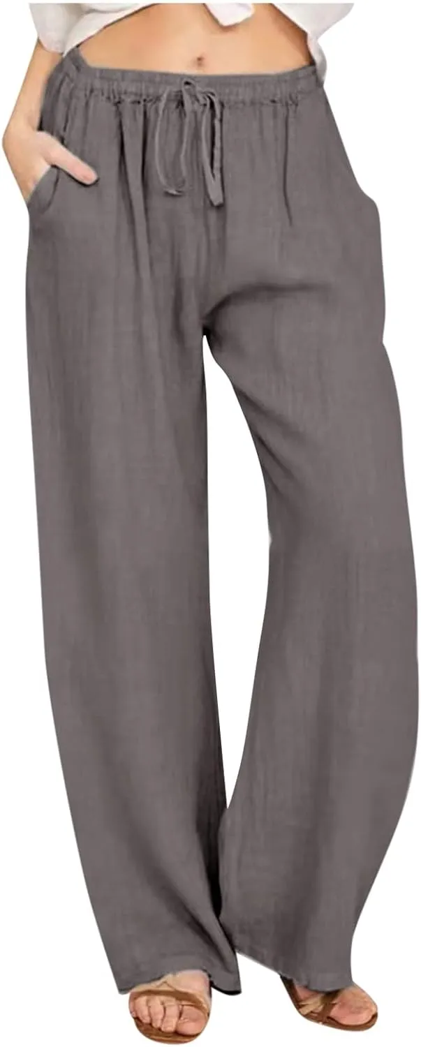 DASAYO Linen Pants Women Summer Wide Leg Pants Drawstring Elastic Waist Loose Palazzo Casual Boho Beach Trousers with Pcokets