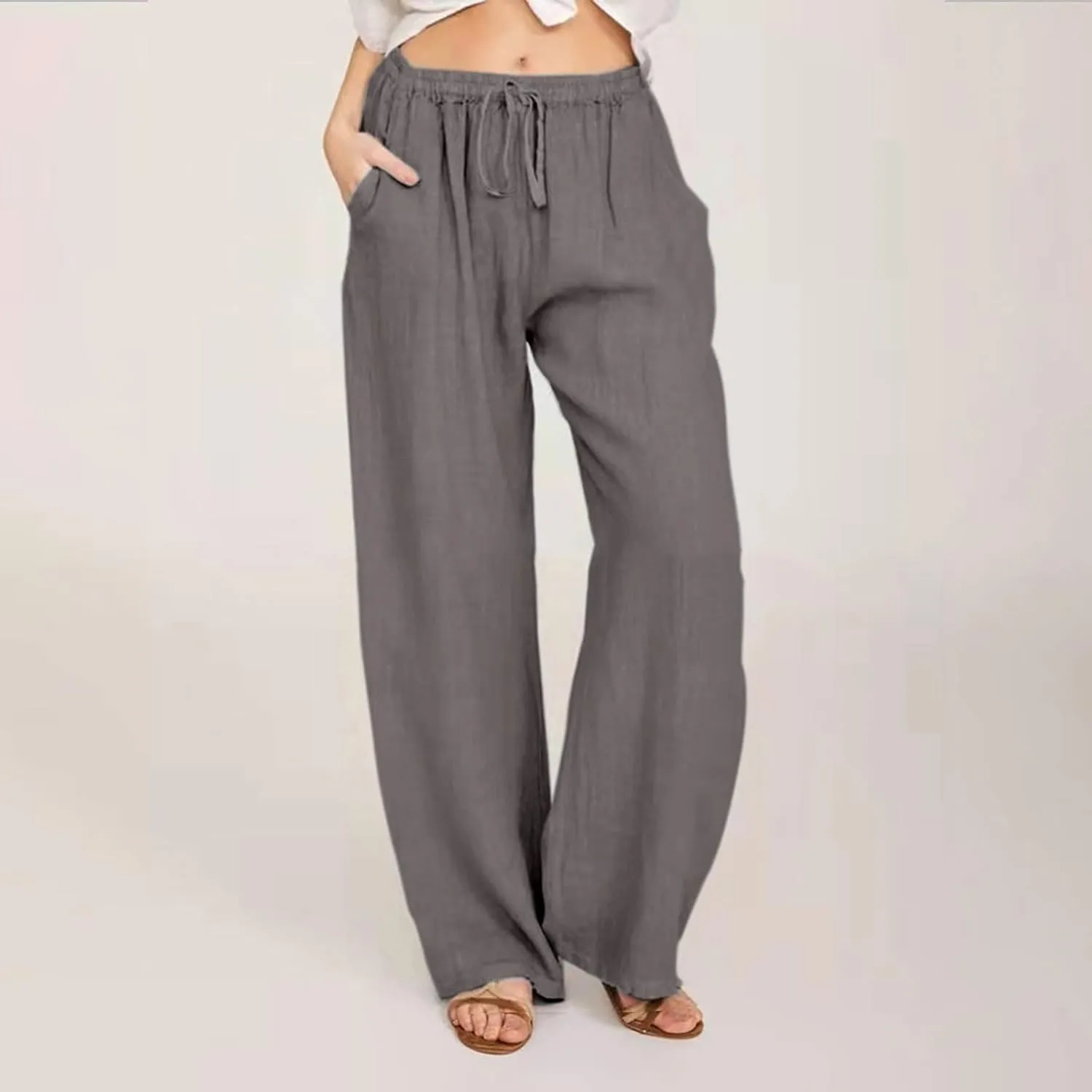 DASAYO Linen Pants Women Summer Wide Leg Pants Drawstring Elastic Waist Loose Palazzo Casual Boho Beach Trousers with Pcokets