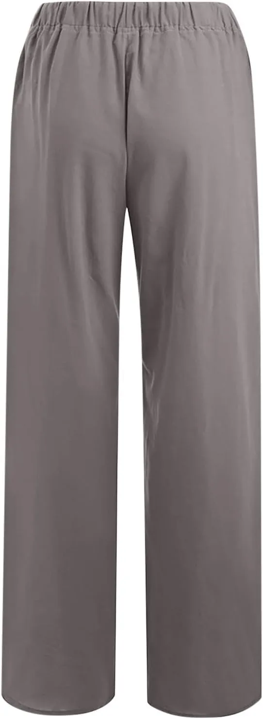 DASAYO Linen Pants Women Summer Wide Leg Pants Drawstring Elastic Waist Loose Palazzo Casual Boho Beach Trousers with Pcokets