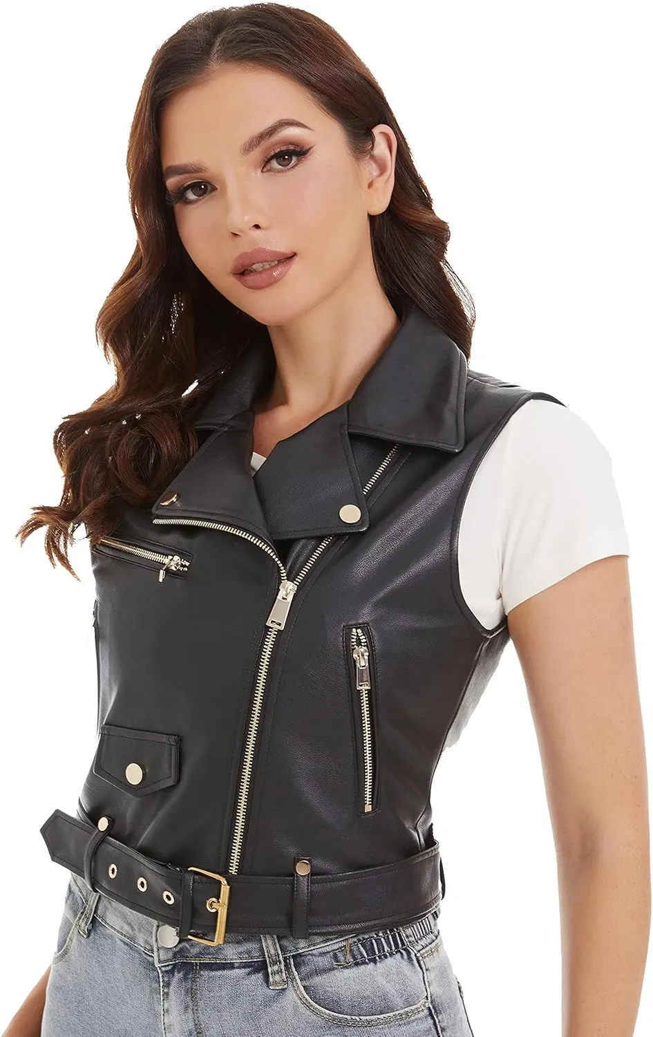 DIASHINY Faux Leather Vest For Women Lapel Sleeveless Moto Slim Fit PU Motorcycle Biker Waistcoat