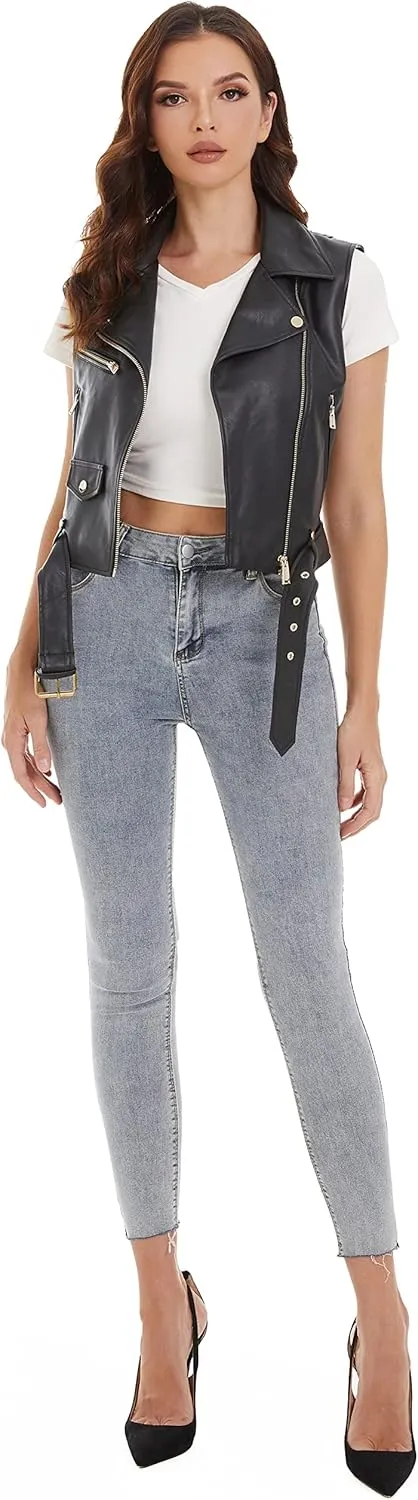 DIASHINY Faux Leather Vest For Women Lapel Sleeveless Moto Slim Fit PU Motorcycle Biker Waistcoat