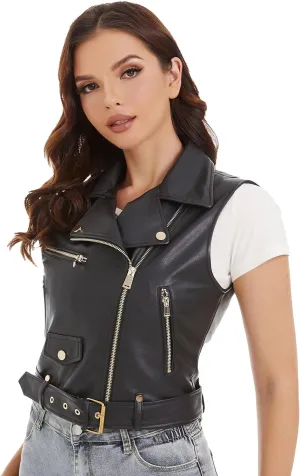 DIASHINY Faux Leather Vest For Women Lapel Sleeveless Moto Slim Fit PU Motorcycle Biker Waistcoat