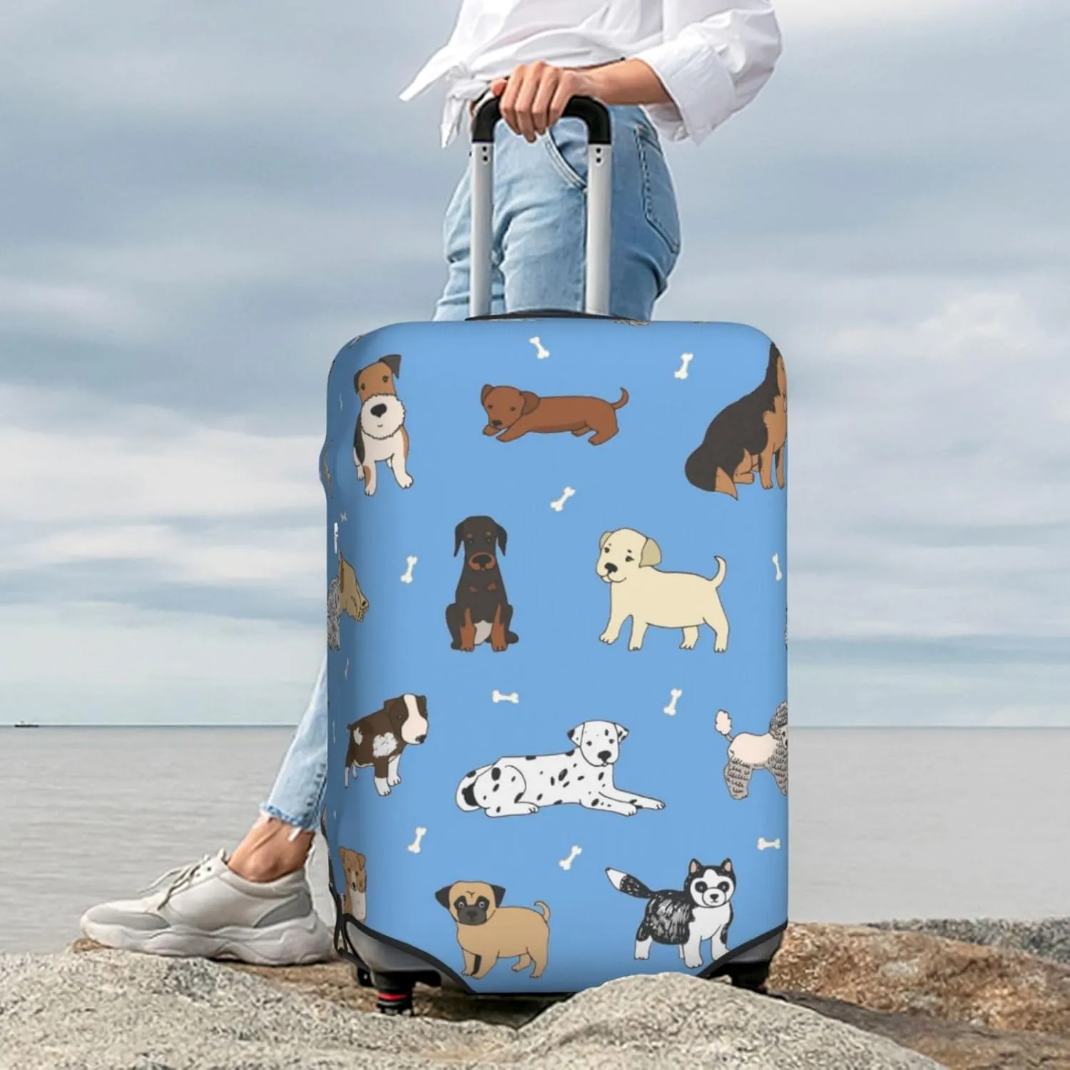 Dogs Blue Background Luggage Suitcase Covers Elastic Washable Cute Puppy Luggage Protector Travel Suitcase Protective Cover For Kid And Adult, M (Fit 22-24 Inch Luggage)