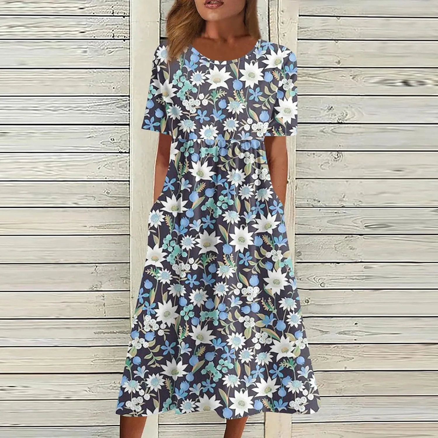DPKLAD Summer High Waist Short Sleeve Dress for Women Soiree Beautiful Cotton Crew Neck Dresses Pocket Graphic Pullover.