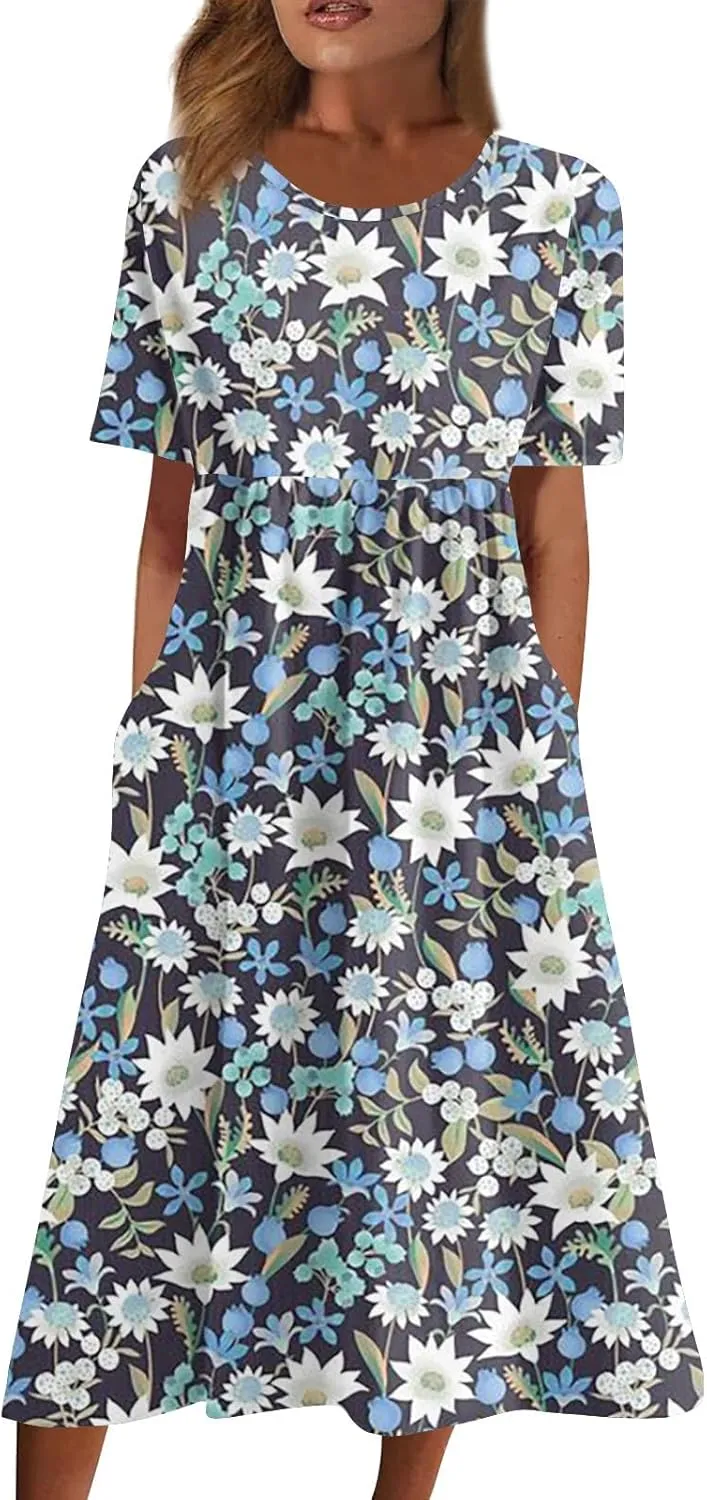 DPKLAD Summer High Waist Short Sleeve Dress for Women Soiree Beautiful Cotton Crew Neck Dresses Pocket Graphic Pullover.