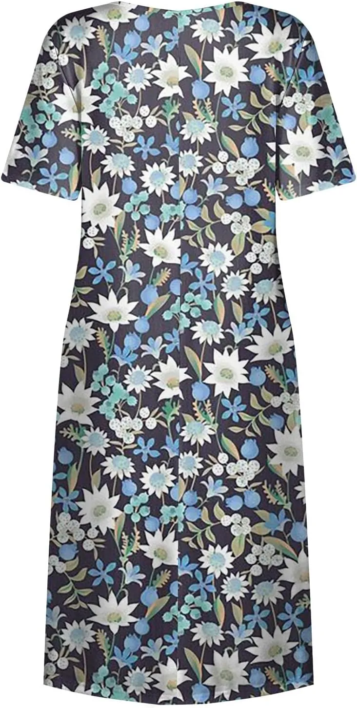 DPKLAD Summer High Waist Short Sleeve Dress for Women Soiree Beautiful Cotton Crew Neck Dresses Pocket Graphic Pullover.