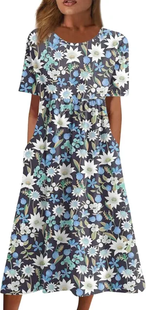 DPKLAD Summer High Waist Short Sleeve Dress for Women Soiree Beautiful Cotton Crew Neck Dresses Pocket Graphic Pullover.