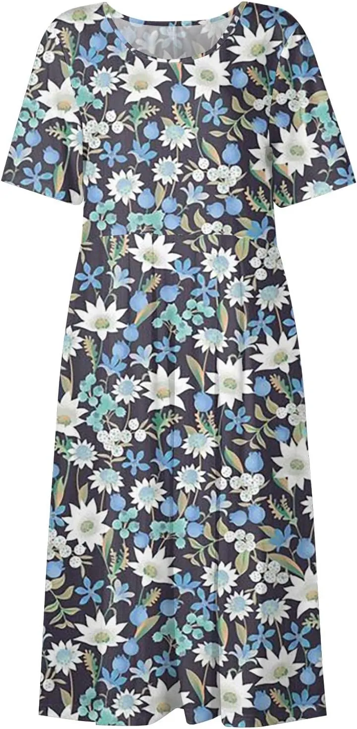 DPKLAD Summer High Waist Short Sleeve Dress for Women Soiree Beautiful Cotton Crew Neck Dresses Pocket Graphic Pullover.