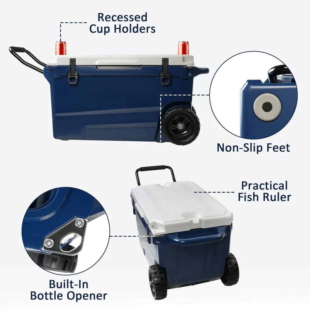 E-Macht 50 Qt Heavy Duty Hard Cooler with Wheels and Nylon Handle, Keep Ice for Up to 5-7 days
