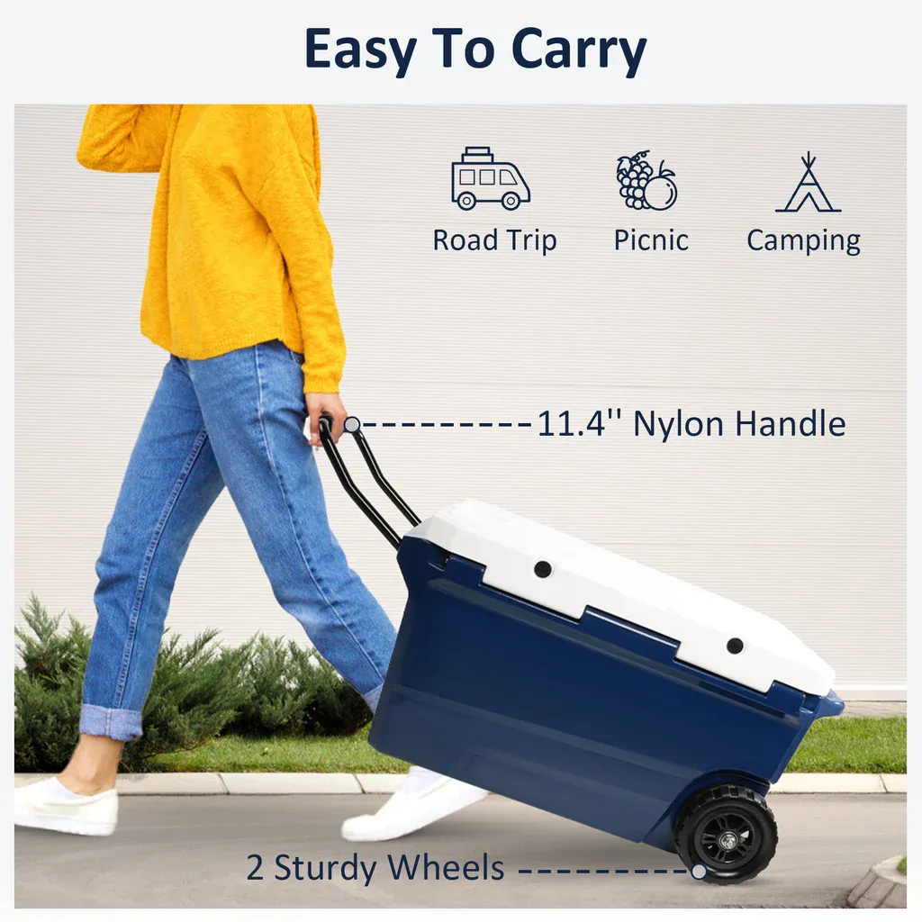 E-Macht 50 Qt Heavy Duty Hard Cooler with Wheels and Nylon Handle, Keep Ice for Up to 5-7 days