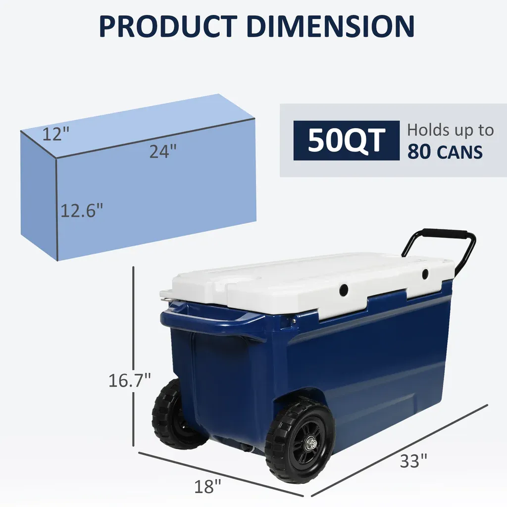 E-Macht 50 Qt Heavy Duty Hard Cooler with Wheels and Nylon Handle, Keep Ice for Up to 5-7 days