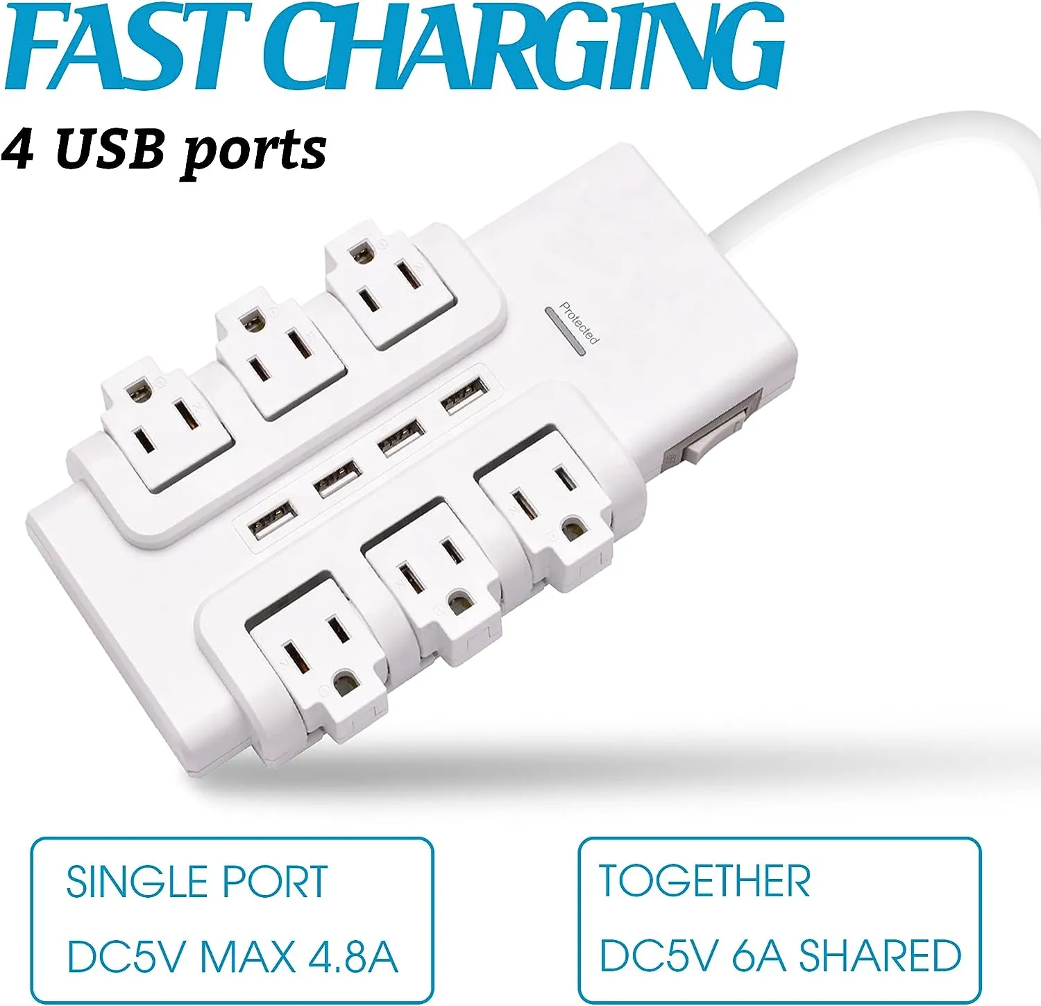 E-Macht 6 Outlets Extender Rotating Power Strip Surge Protector with 4 USB Ports and 6ft Heavy Duty Extension Cord Wall Mount for Home Office