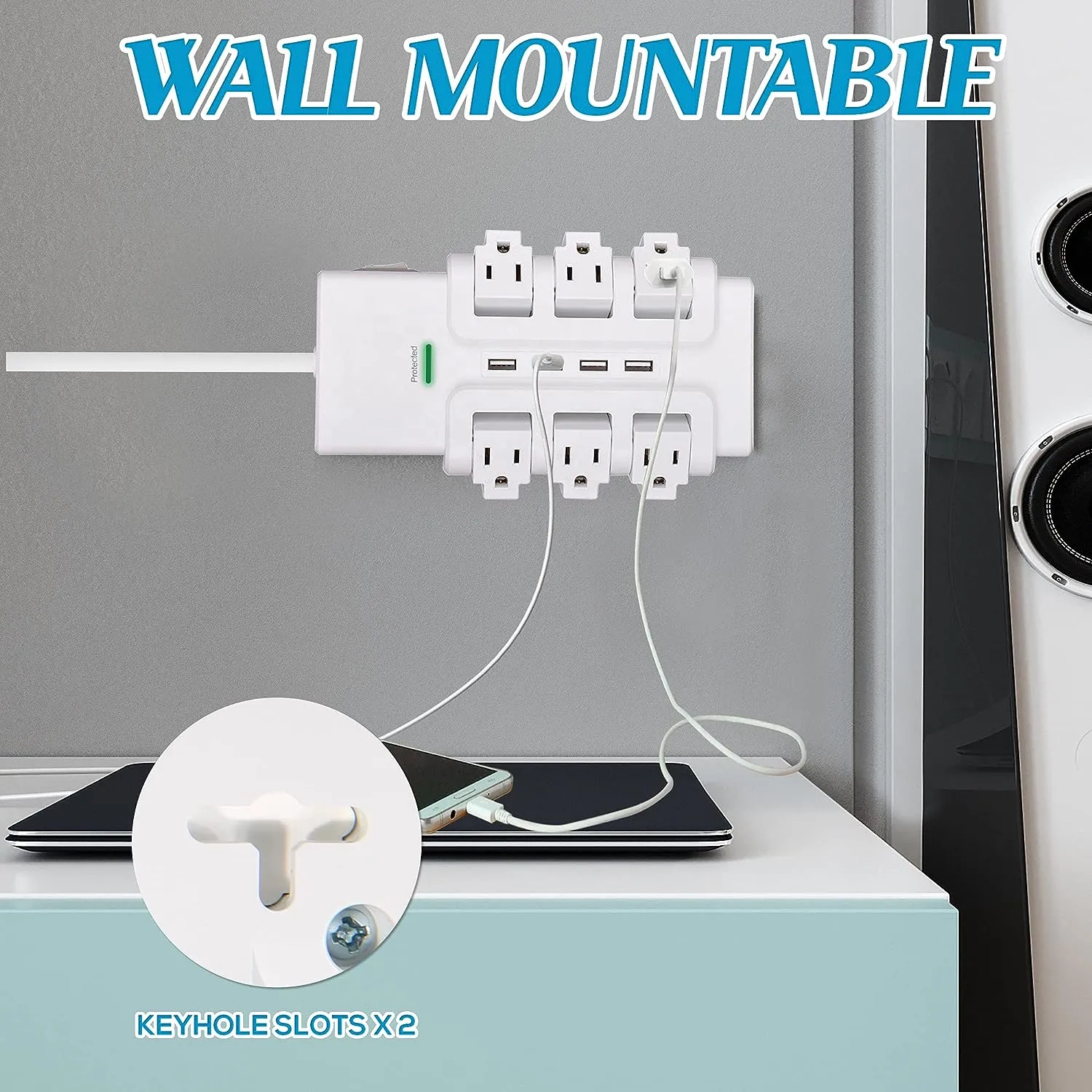 E-Macht 6 Outlets Extender Rotating Power Strip Surge Protector with 4 USB Ports and 6ft Heavy Duty Extension Cord Wall Mount for Home Office