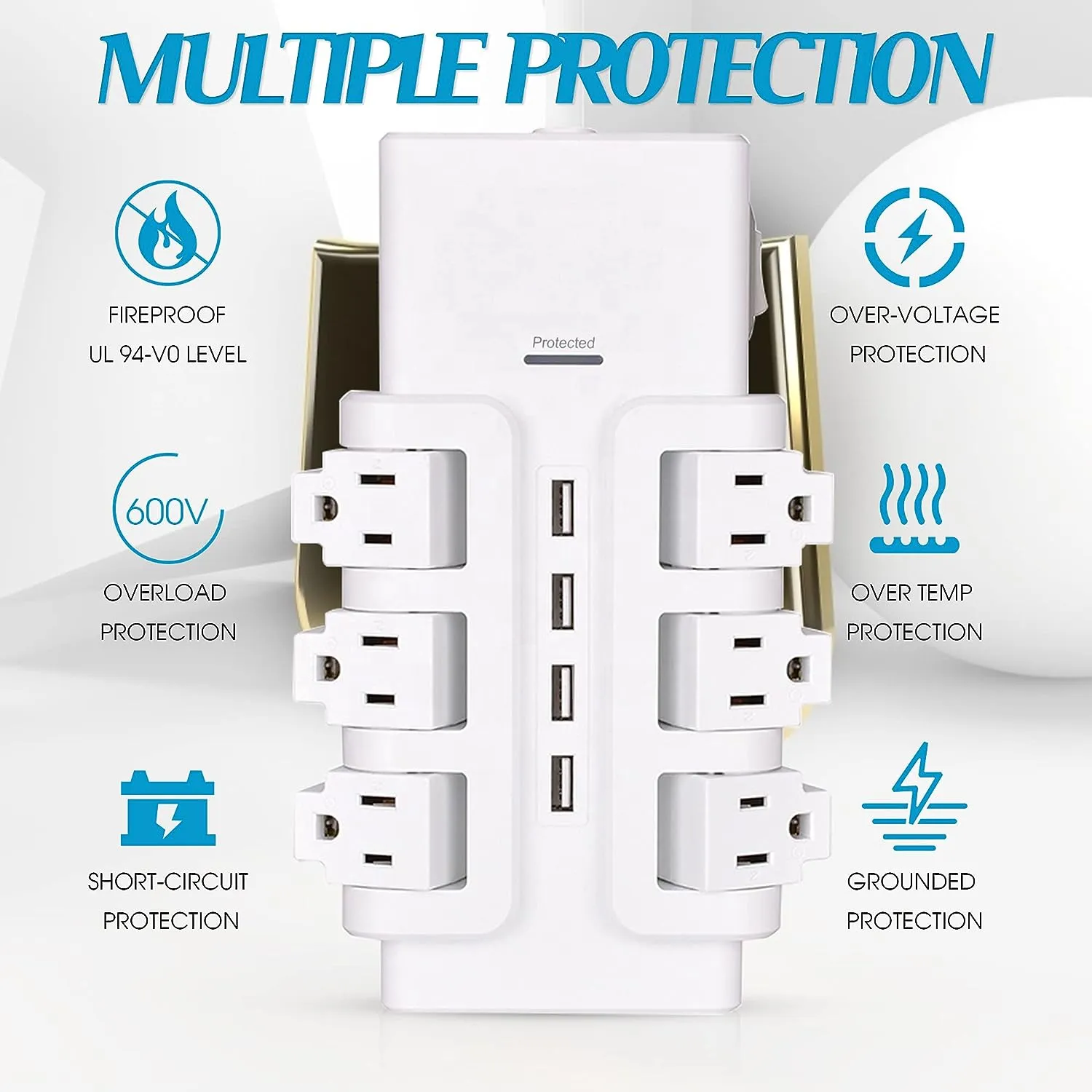 E-Macht 6 Outlets Extender Rotating Power Strip Surge Protector with 4 USB Ports and 6ft Heavy Duty Extension Cord Wall Mount for Home Office