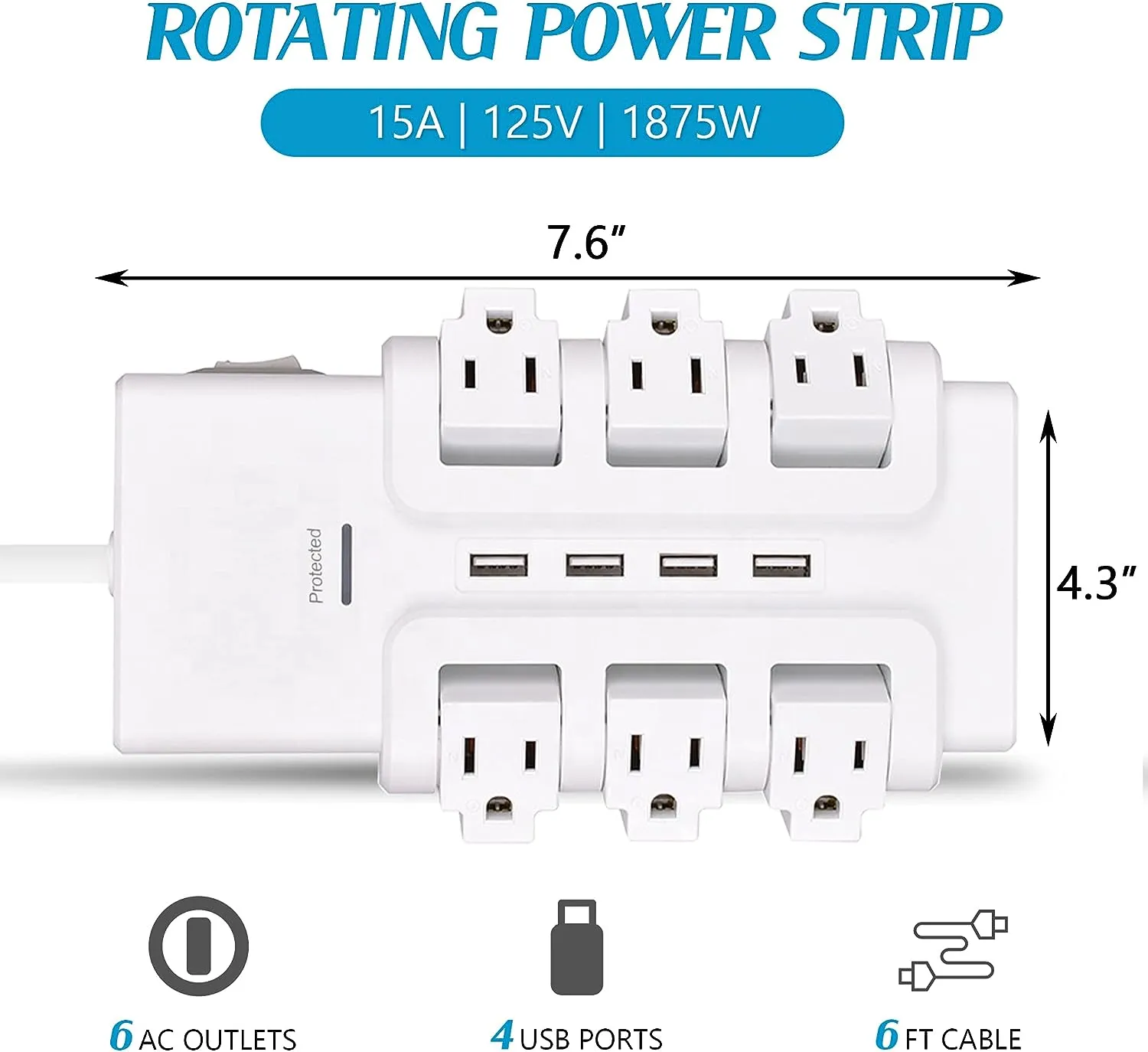 E-Macht 6 Outlets Extender Rotating Power Strip Surge Protector with 4 USB Ports and 6ft Heavy Duty Extension Cord Wall Mount for Home Office