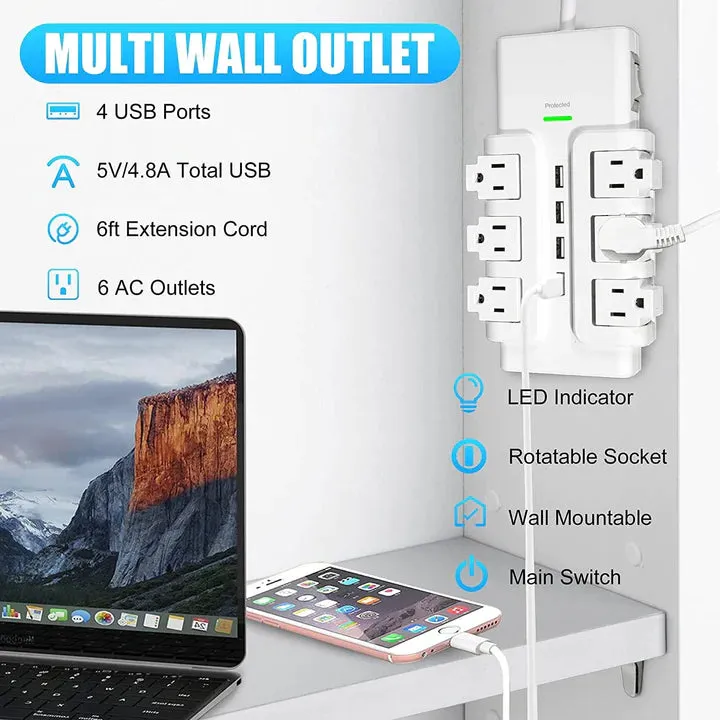 E-Macht 6 Outlets Extender Rotating Power Strip Surge Protector with 4 USB Ports and 6ft Heavy Duty Extension Cord Wall Mount for Home Office