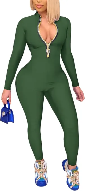 ECHOINE Sexy Jumpsuits for Women Long Sleeve V Neck Zipper Casual One Piece Rompers Bodycon Outfits