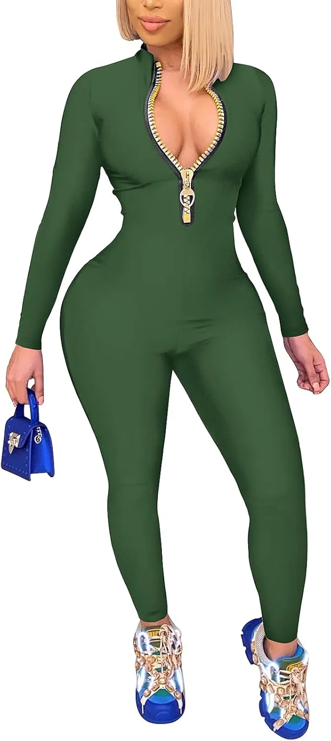 ECHOINE Sexy Jumpsuits for Women Long Sleeve V Neck Zipper Casual One Piece Rompers Bodycon Outfits