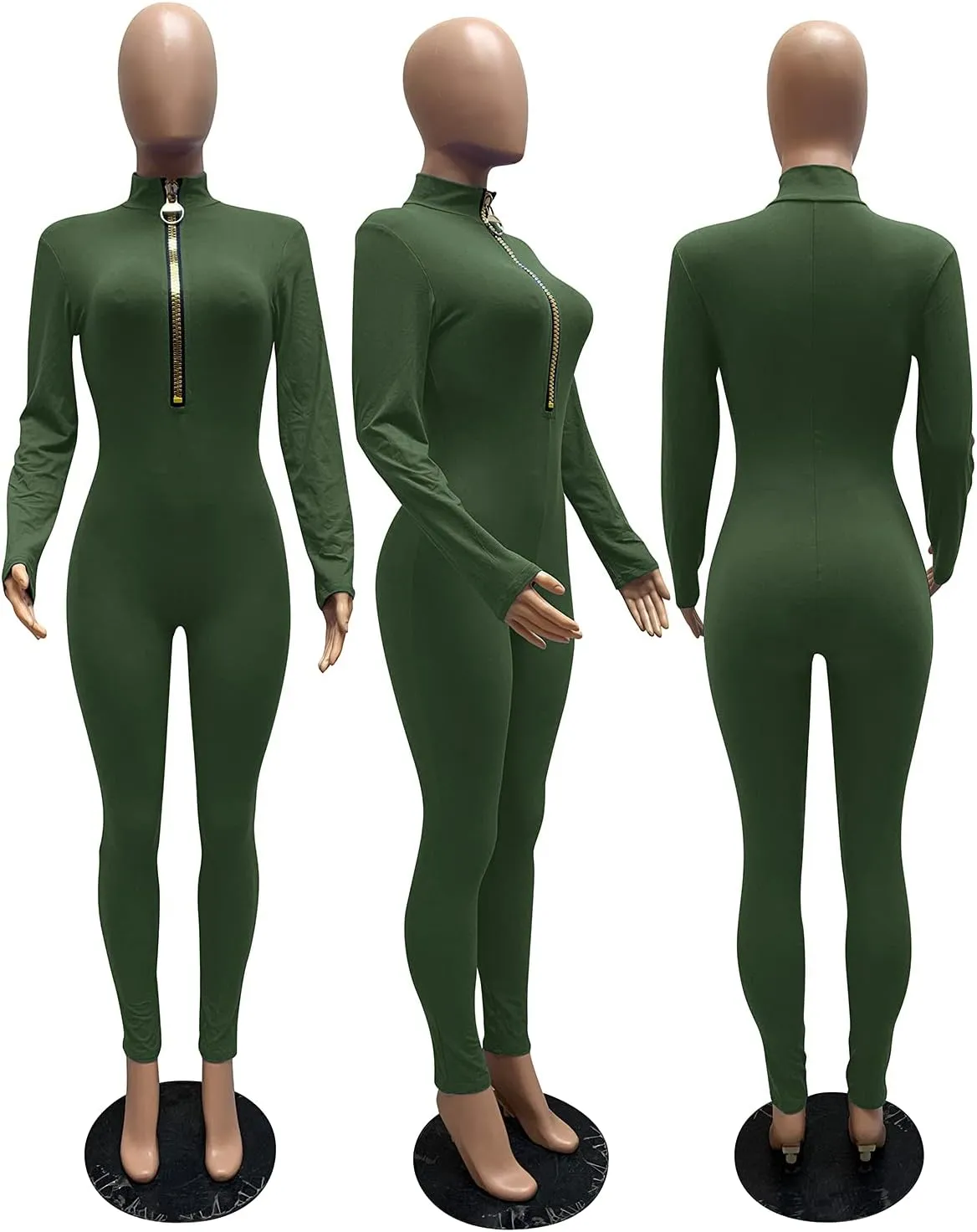 ECHOINE Sexy Jumpsuits for Women Long Sleeve V Neck Zipper Casual One Piece Rompers Bodycon Outfits
