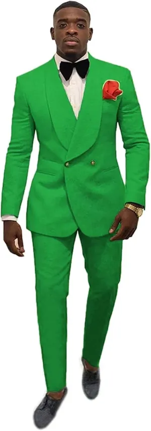 Elegant Double Breasted Suit Men Slim Fit 2 Piece Prom Tuxedo Shawl Lapel Blazer Pant Set JXZ029