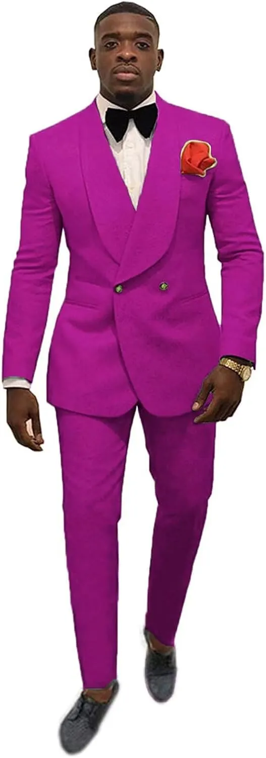 Elegant Double Breasted Suit Men Slim Fit 2 Piece Prom Tuxedo Shawl Lapel Blazer Pant Set JXZ029